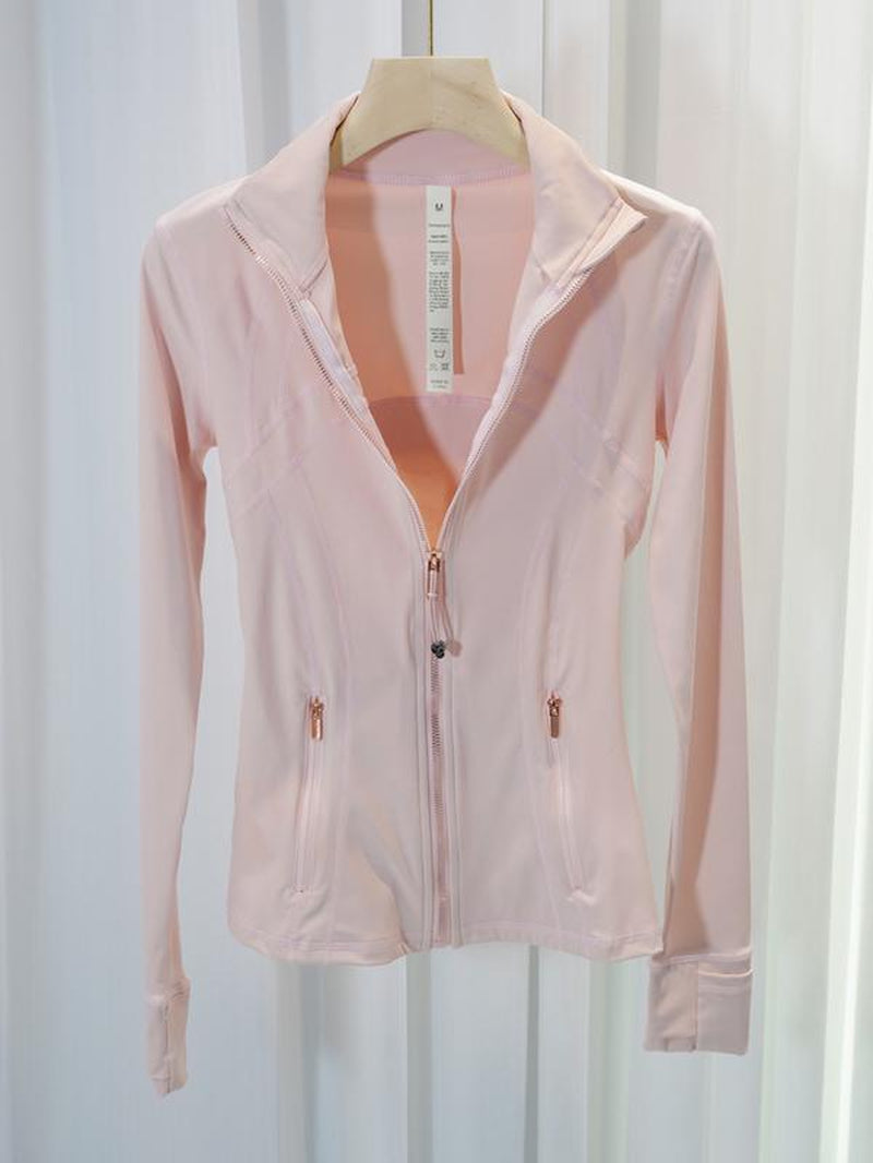 Women'S Spring & Fall Gold Zip Jacket, Sporty Long Sleeve Plain Design, Quick-Dry Slim Fit Yoga Running Outerwear